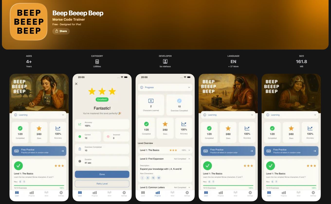 Beep Beeep Beep App Screenshot showing Morse code learning interface