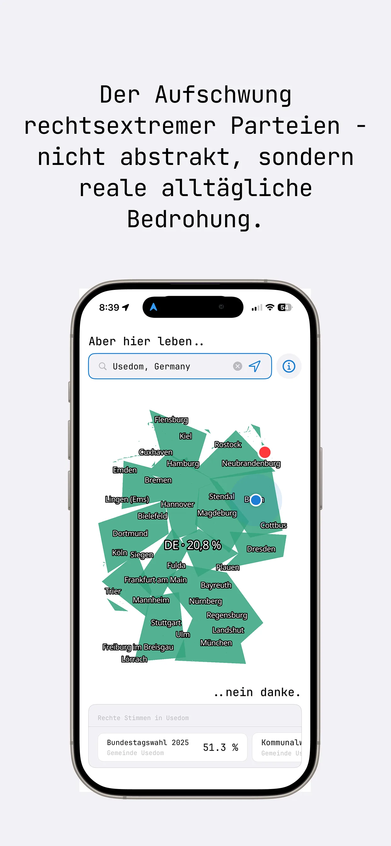 App screenshot: map of Germany with far-right vote share per state, location search, and 2025 federal election result