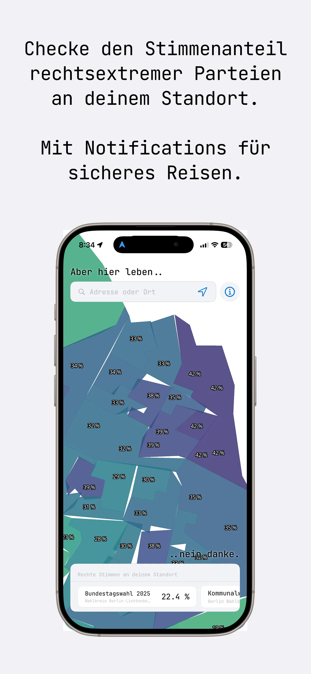 App screenshot: choropleth map with voting-district polygons and percentages at your location, with notifications for safe travel