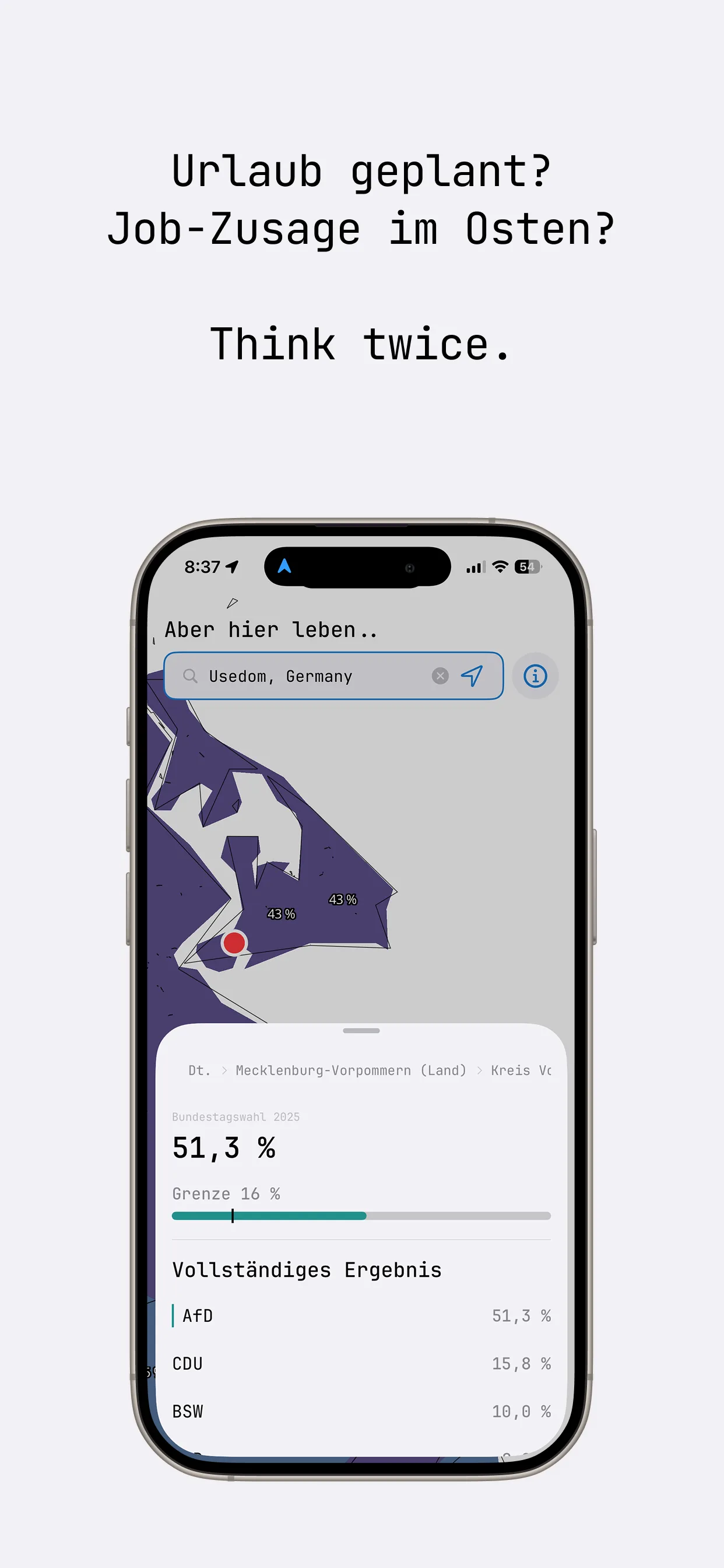 App screenshot: detail view of Mecklenburg-Vorpommern with 51.3% vote share, full election result, and configurable threshold