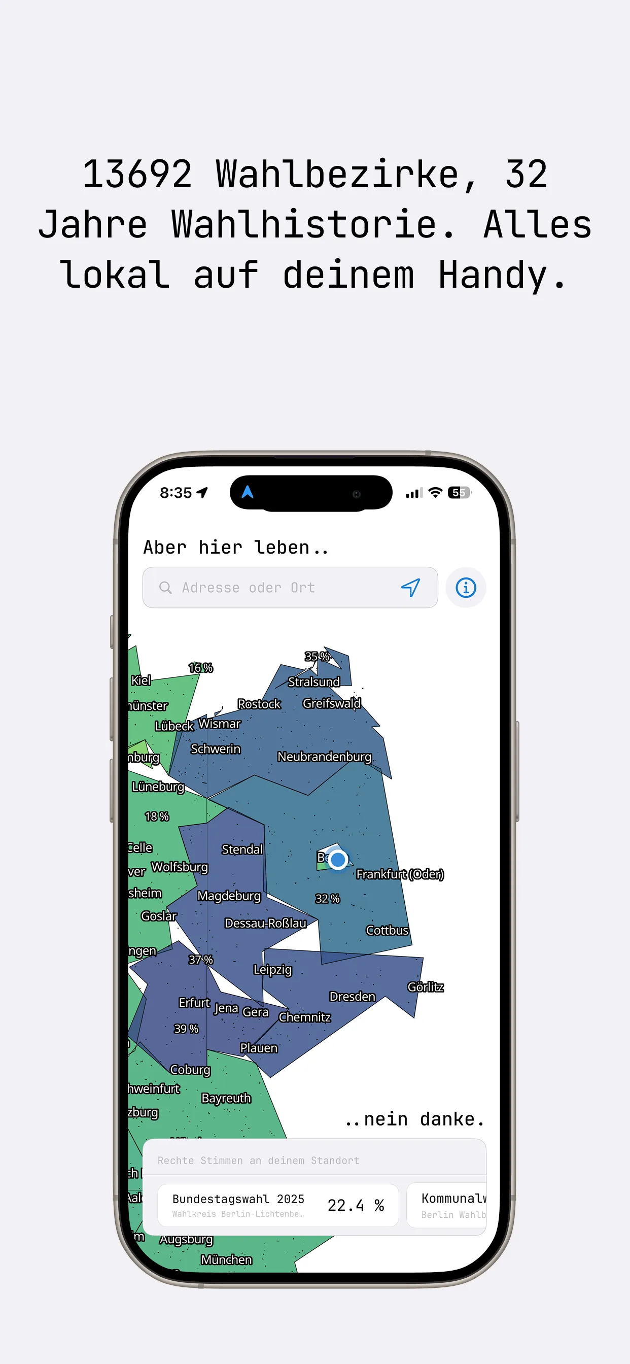 App screenshot: map with voting-district polygons in eastern Germany - 13,692 voting districts and 32 years of election history, all on-device